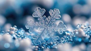Macro photo of sparkling snowflake resting on frozen surface