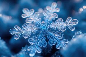 Macro photo of a snowflake resting on snow with a blue background