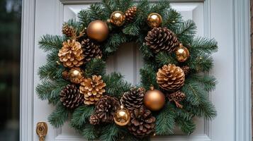 Christmas wreath hanging on white front door with gold and bronze baubles and pine cones photo