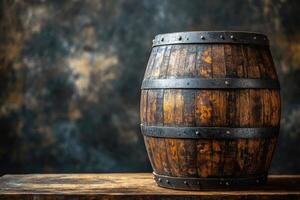 Old wooden barrel standing on a table in a cellar with bottles in the background photo