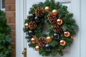 Christmas wreath hanging on front door with pine cones and ornaments photo