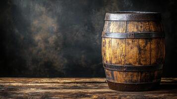 Old wooden barrel sitting on a rustic table in a cellar photo