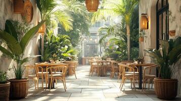 Empty tables waiting for customers at a mediterranean restaurant exterior photo