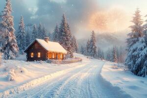 Wooden cabin covered by fresh snow with fireworks exploding over a forest during a winter night photo