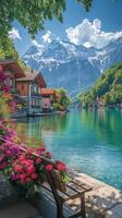 Wooden bench inviting visitors to enjoy the swiss alps landscape photo