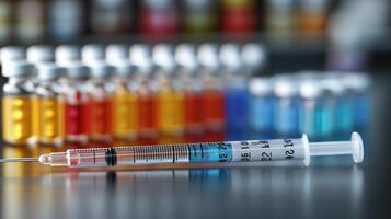 Syringe lying on table with vials of colorful medicine in background photo