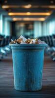Blue trash can overflowing with paper in office building hallway photo