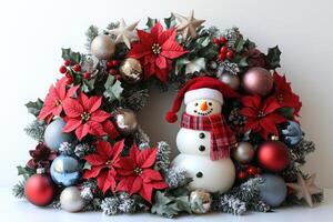 Christmas wreath with snowman, berries and baubles lying on white background photo