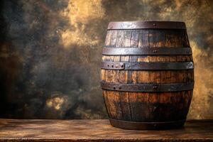 Old wooden barrel standing on a table in a cellar with bottles in the background photo
