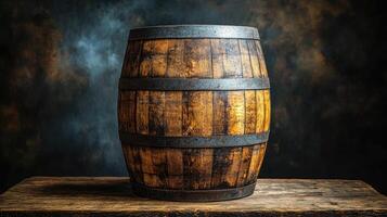 Old wooden barrel sitting on a rustic table in a cellar photo