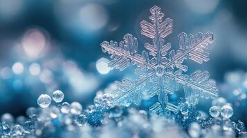 Macro photo of sparkling snowflake resting on frozen surface