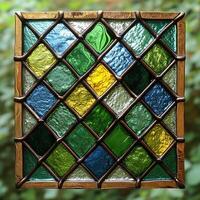 Modern stained glass window displaying geometric green pattern photo