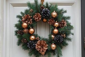 Christmas wreath hanging on front door with pine cones and ornaments photo