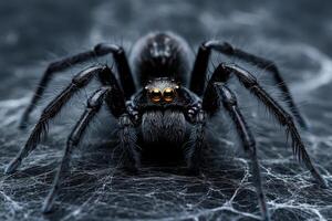 Large black and orange spider standing on web at sunset photo