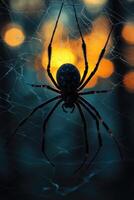 Large spider hanging on web with bokeh lights photo
