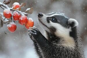 Curious badger looking up at apples on a snowy branch photo