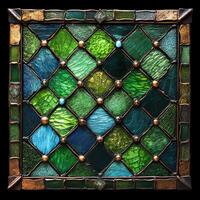 Modern stained glass window displaying geometric green pattern photo