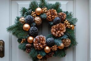 Christmas wreath hanging on front door with pine cones and ornaments photo