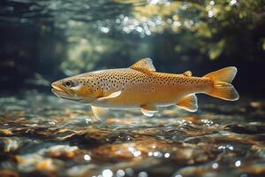 Brown trout swimming in river with sun rays shining through water photo