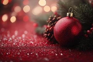 Christmas tree branch with red ornaments lying on red glitter background with falling snow photo