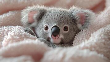 Adorable baby koala relaxing on a soft pink blanket photo