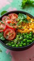 Fresh salad with spinach, tomatoes, corn and peas on green background photo