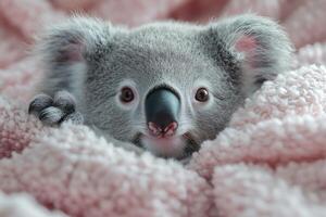 Adorable baby koala relaxing on pink soft blanket photo