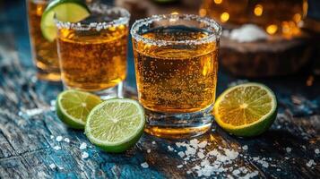 Three glasses of tequila standing on wooden board with salt and lime slices photo