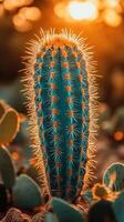 Lone cactus standing strong in the desert sunset photo