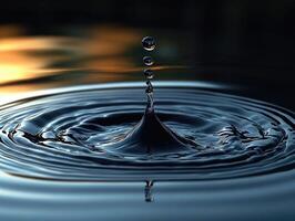 Water droplet making concentric ripples on dark water surface photo
