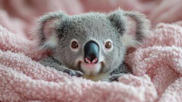 Adorable baby koala relaxing on a soft pink blanket photo