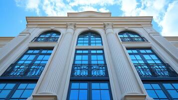 Elegant classical european building facade with arched windows reflecting sky photo