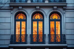 Ornate wrought iron balcony reflecting trees in windows photo