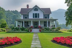Stone pathway leading to classic white farmhouse surrounded by red flowers photo