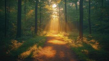 Sun shining through trees on forest path photo