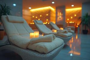 Relaxing spa room with burning candles and comfortable loungers waiting for clients photo