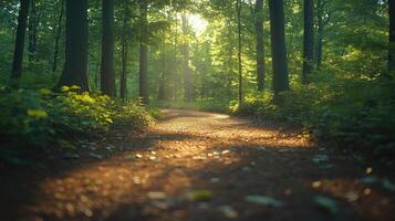 Sun shining through trees on forest path photo