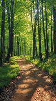 Sunlight illuminating hiking trail winding through forest photo