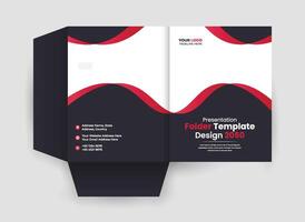 A black and red tri fold brochure with a red and white design vector