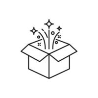 Magic box outline icon. linear style sign for mobile concept and web design. Open gift box and magic stars simple line icon. Symbol, logo illustration vector