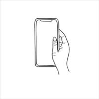 Monochrome hand holding vertically phone with white display isolated sketch painted by black inks. Empty spice on mobile device for any text hand drawn illustration for poster vector