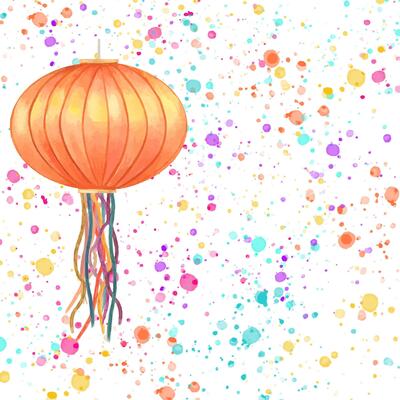 Hanging Diwali lantern watercolor colored splashes illustration. Festive orange paper lamp with multicolor streamers. Light festival of India or China. For holiday decorations and cultural events