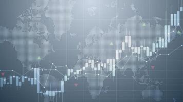 Illustration of a rising stock market. Financial bar chart, candlestick, bond data, and upward-sloping graph on a world map background. Improved business information and economic growth data vector