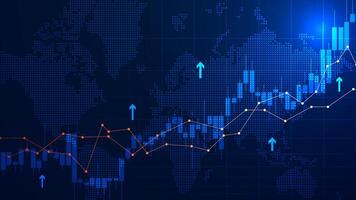 Illustration of a rising stock market. Financial bar chart, candlestick, bond data, and upward-sloping graph on a world map background. Improved business information and economic growth data vector