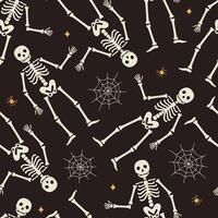 Seamless pattern with skeletons, webs, spriders and stars on black background. Spooky Halloween print. Flat illustration vector