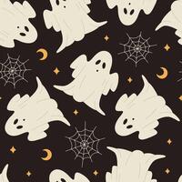 Seamless pattern with ghosts, webs, moons and stars on black background. Spooky Halloween night. Funny monsters. Flat illustration vector