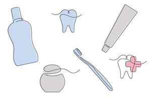 Dental set in one continuous line in color. One line drawing, minimalism. vector