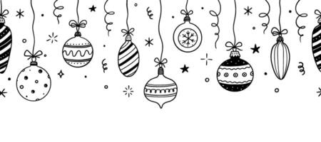 Doodle christmas ball element background. Hand drawn sketch line style xmas ball. Cute merry christmas bauble for border, background design with text place. Isolated vector