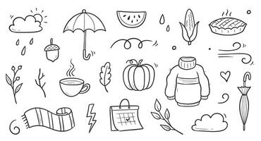 Autumn doodle set. Hand drawn doodle sketch style nature fall season, autumn icon background. Autumn falling leaves, wind season, umbrella sketch elements. vector