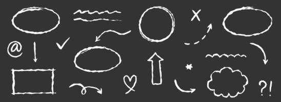 Chalkboard arrow, underline element set. Hand drawn sketch style arrow, oval and rectangle frame, underline on blackboard. Doodle grunge element set. vector